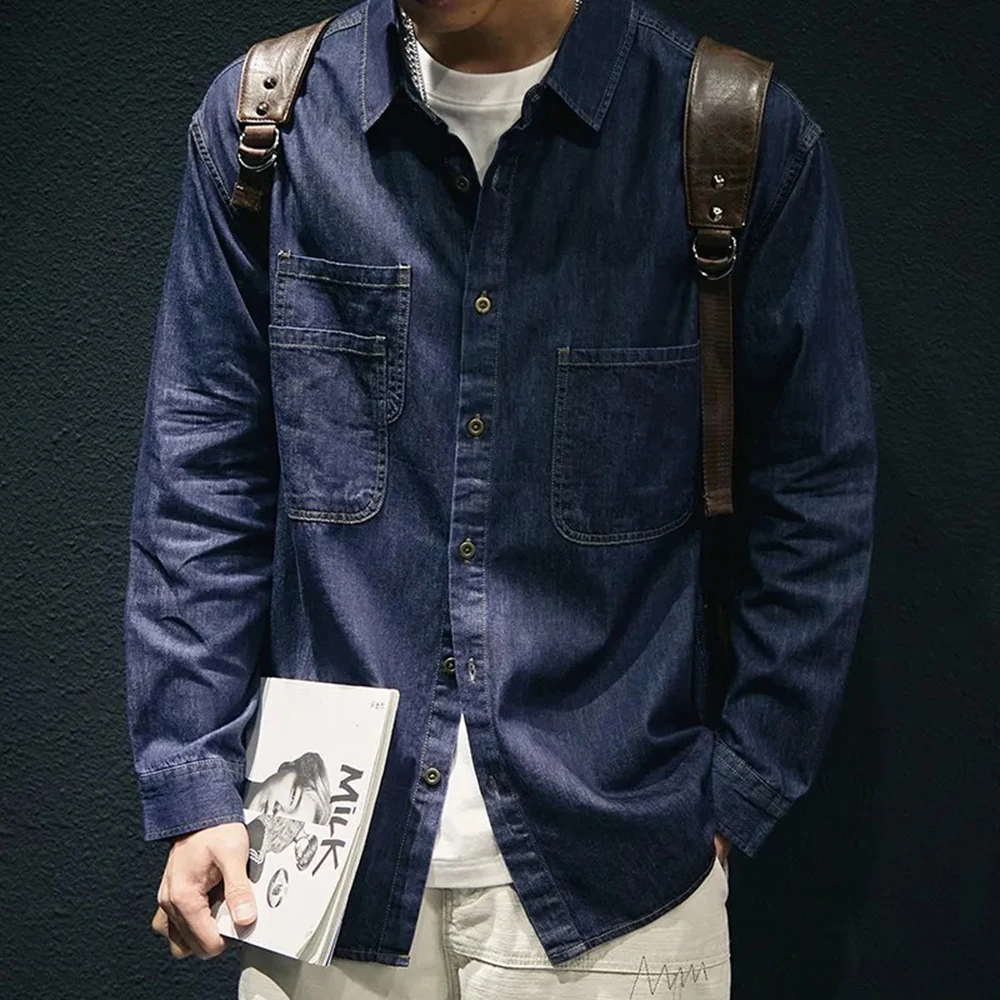 Mens Shirt Washed Multiple Pockets Workwear Long Sleeved Shirt Autumn Casual Japanese Harajuku Daily Style Loose Oversized Top