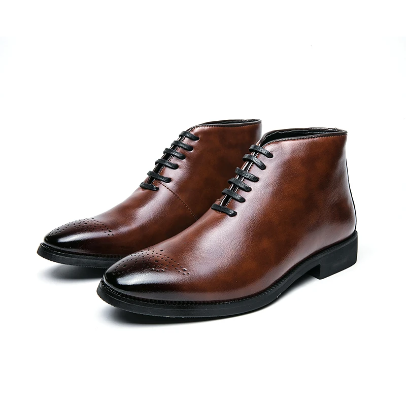 

Size 38-48 Retro Men Ankle Boots Black Brown High Quality Printed Block Leather Shoes Business Office Fashion Brand Boots Men