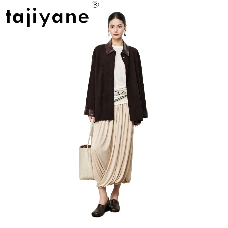 TAJIYANE Sheepskin Suede Genuine Leather Jacket Woman Mid‑Length Lapel Coat Loose Casual Unlining Coats 2026 Fall Women Clothing