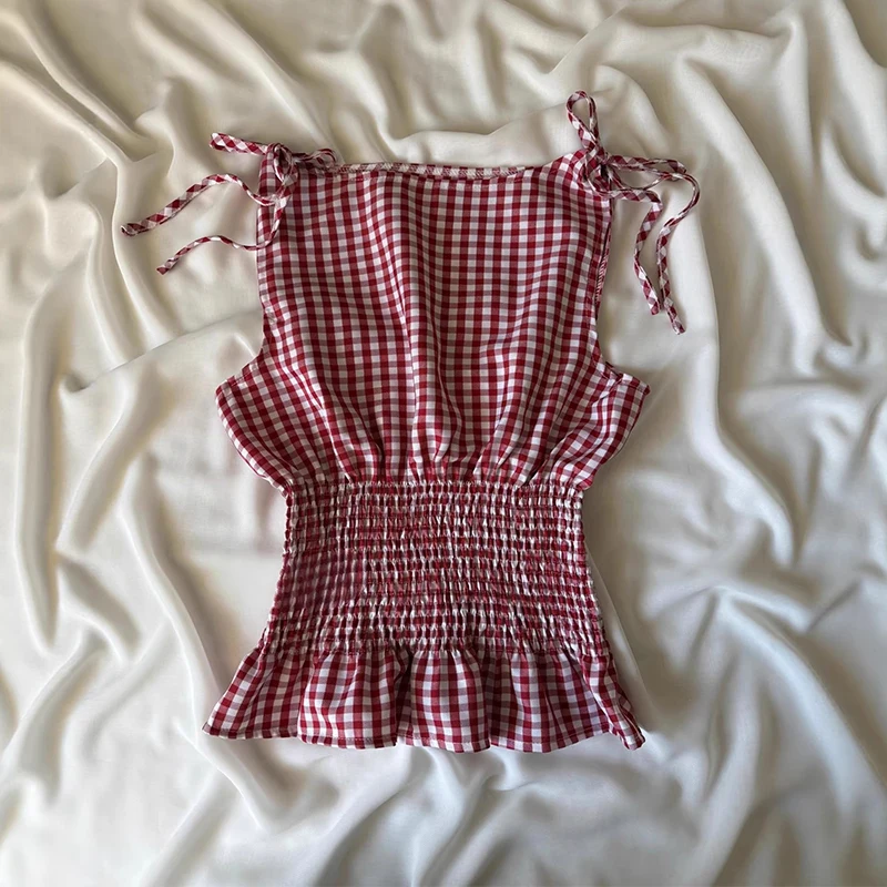 Summer Red and White Checkered Lace-up Waist Trimming Ruffles Top Sweet Girl Style Sleeveless Vest Hot Girl