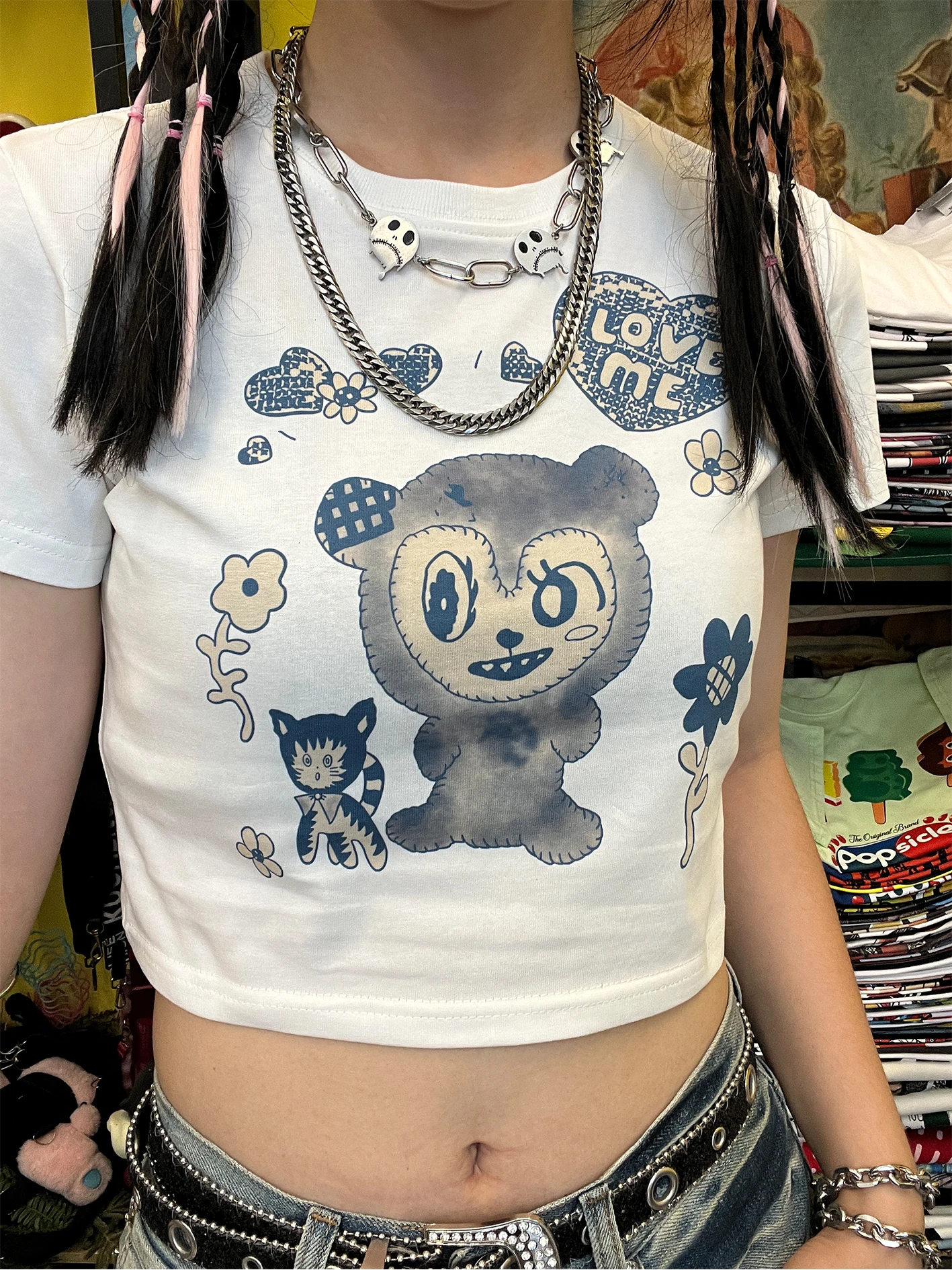 Floral Little Panda Mili Midrash T-Shirt Half Sleeve Y2K Style Belly Button Bared Summer Fashion Recommended by Store Manager