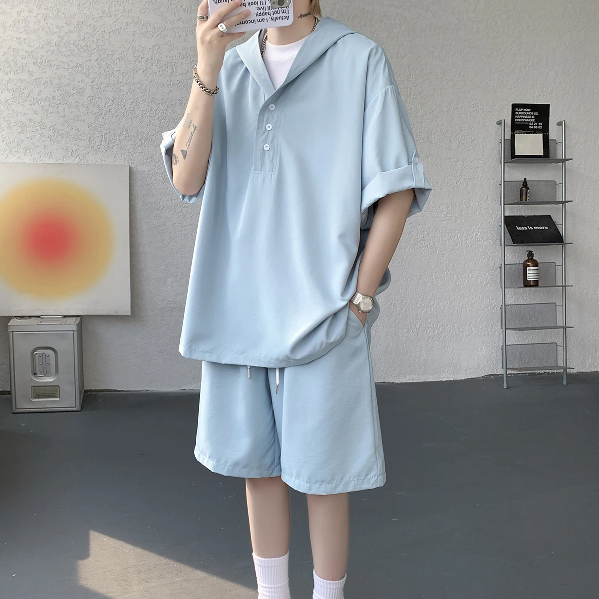 

Men's Ice Silk Hooded 2-Piece Set, Short Sleeve Henley Shirt & Drawstring Shorts Casual Summer Outfit