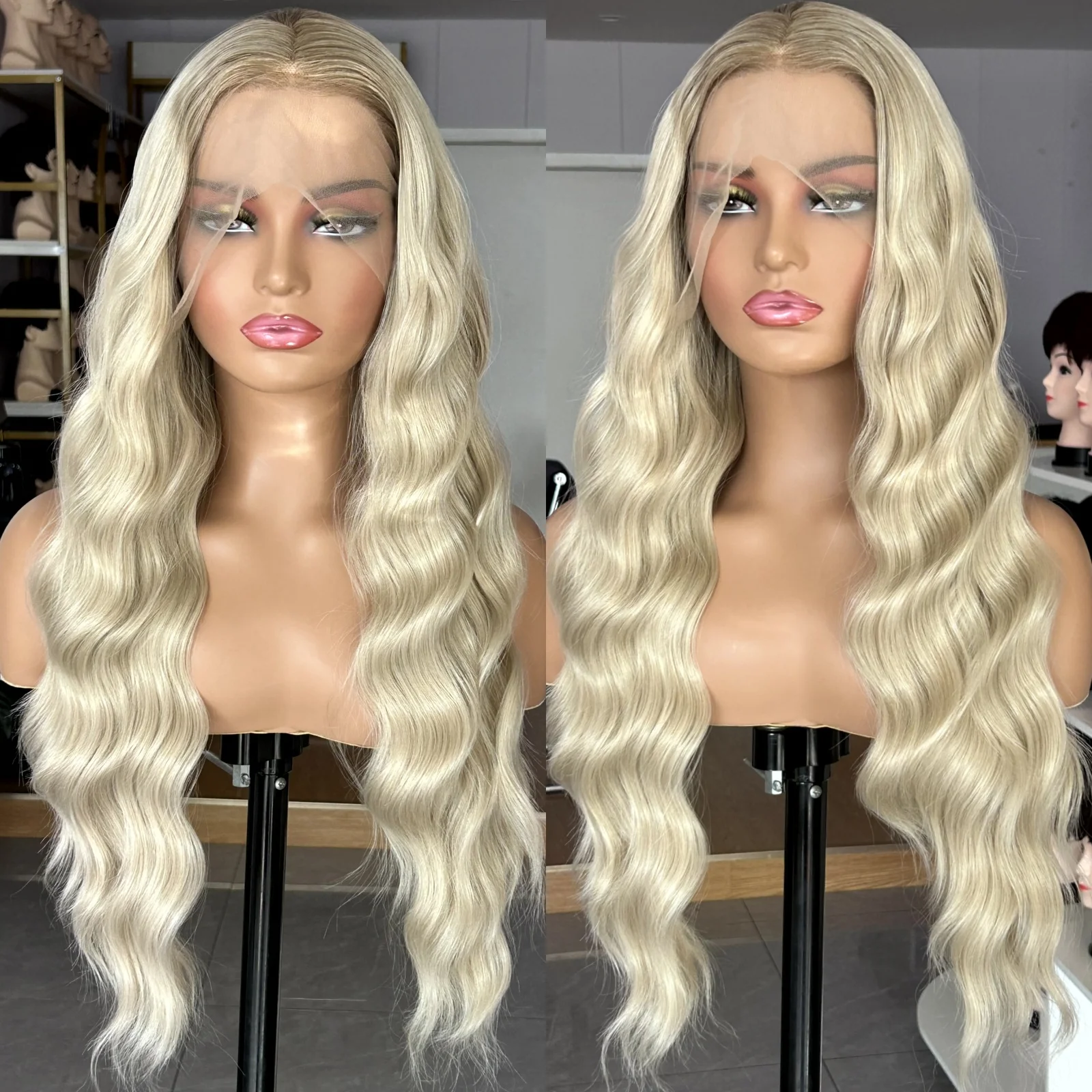 Parrucca lunga bionda marrone Ombre Parrucca anteriore lunga riccia ondulata in pizzo sintetico Parte centrale 13X4 Parrucche bionde cenere sciolte a onda profonda per le donne