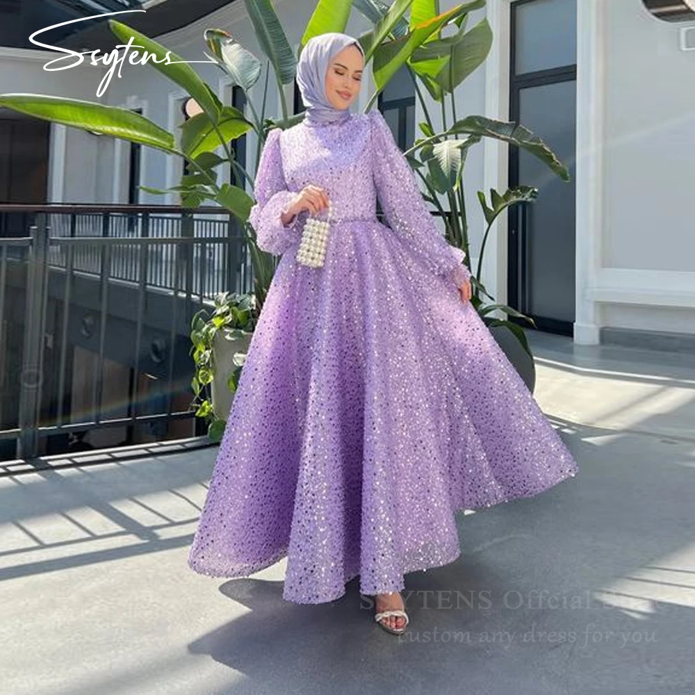 Luxury A-line Glitter Muslim Prom Dresses High-neck Long Sleeves Sequined Engagement Gown Arabic Formal Occasion Evening Dress