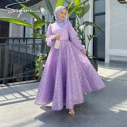 Luxury A-line Glitter Muslim Prom Dresses High-neck Long Sleeves Sequined Engagement Gown Arabic Formal Occasion Evening Dress