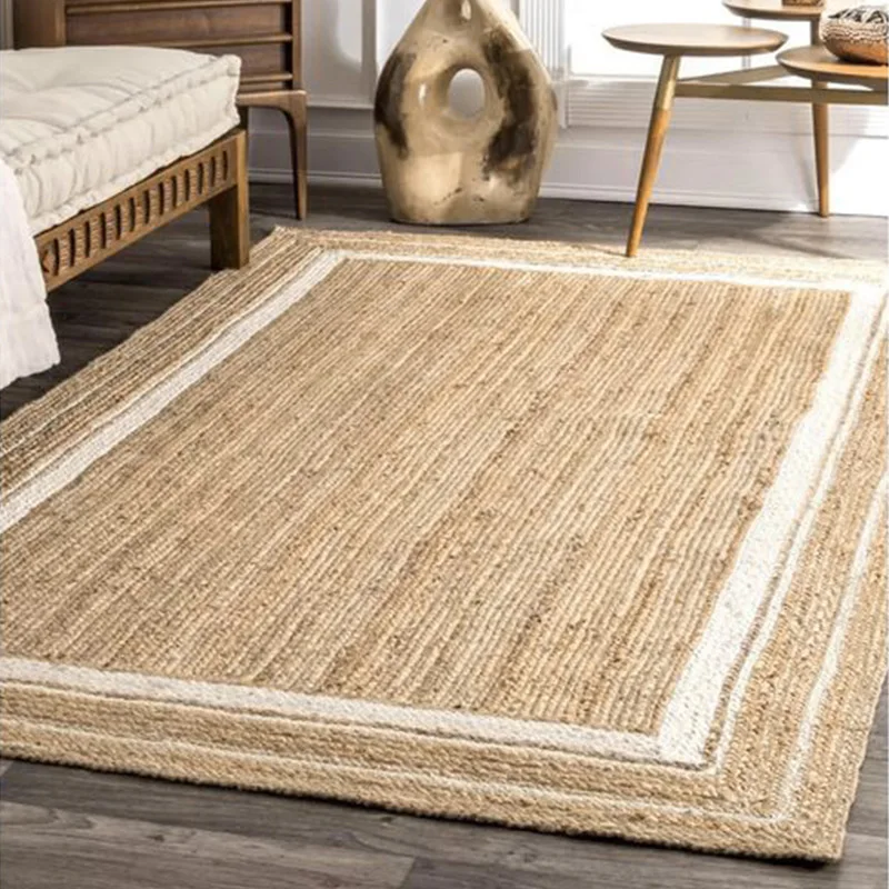 Living Room Carpet Natural Jute Hand Woven Soft Breathable Comfortable Home Decoration Rug Wear Resistant Durable Bedroom Mat