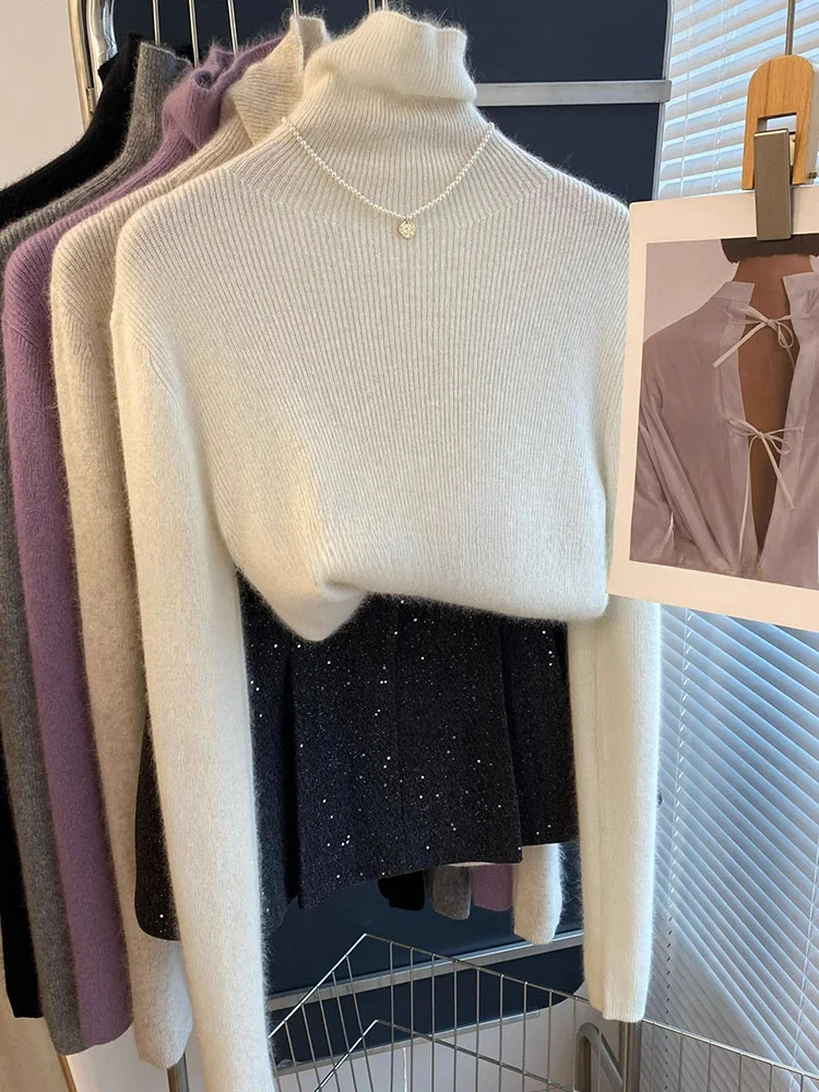 

Корейский вязаный свитер с высоким воротником и длинным светом Camere, уникальный облегающий цвет, простой дизайн, модный топ