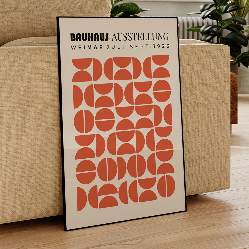 لوحة قماشية هندسية حديثة ، باوهاوس تجريدي ، دوائر نصف دائرية برتقالية ، فن جداري ، مطبوعات بإطار ألومنيوم ، ملصق لغرفة المعيشة ، ديكور منزلي #1