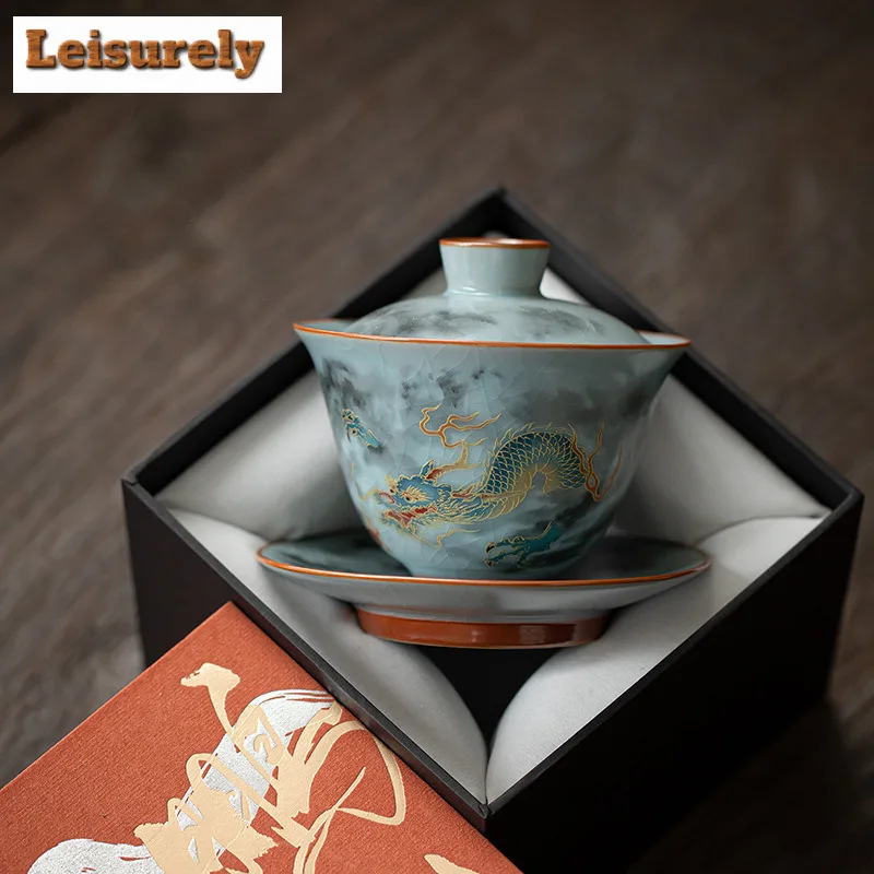 

Ru Kiln Auspicious Dragon Gaiwan Традиционная чайная подставка Чайная чаша с набором крышек Чайник Крышка Чаша Китайский чайный сервиз Коллекция