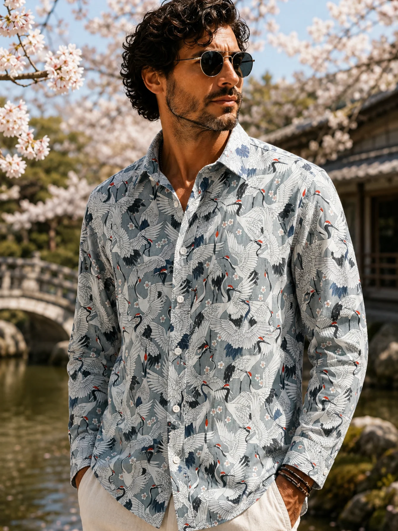 ong sleeve shirt for men loose crane cherry blossom print top for vacation gathering spring outfits