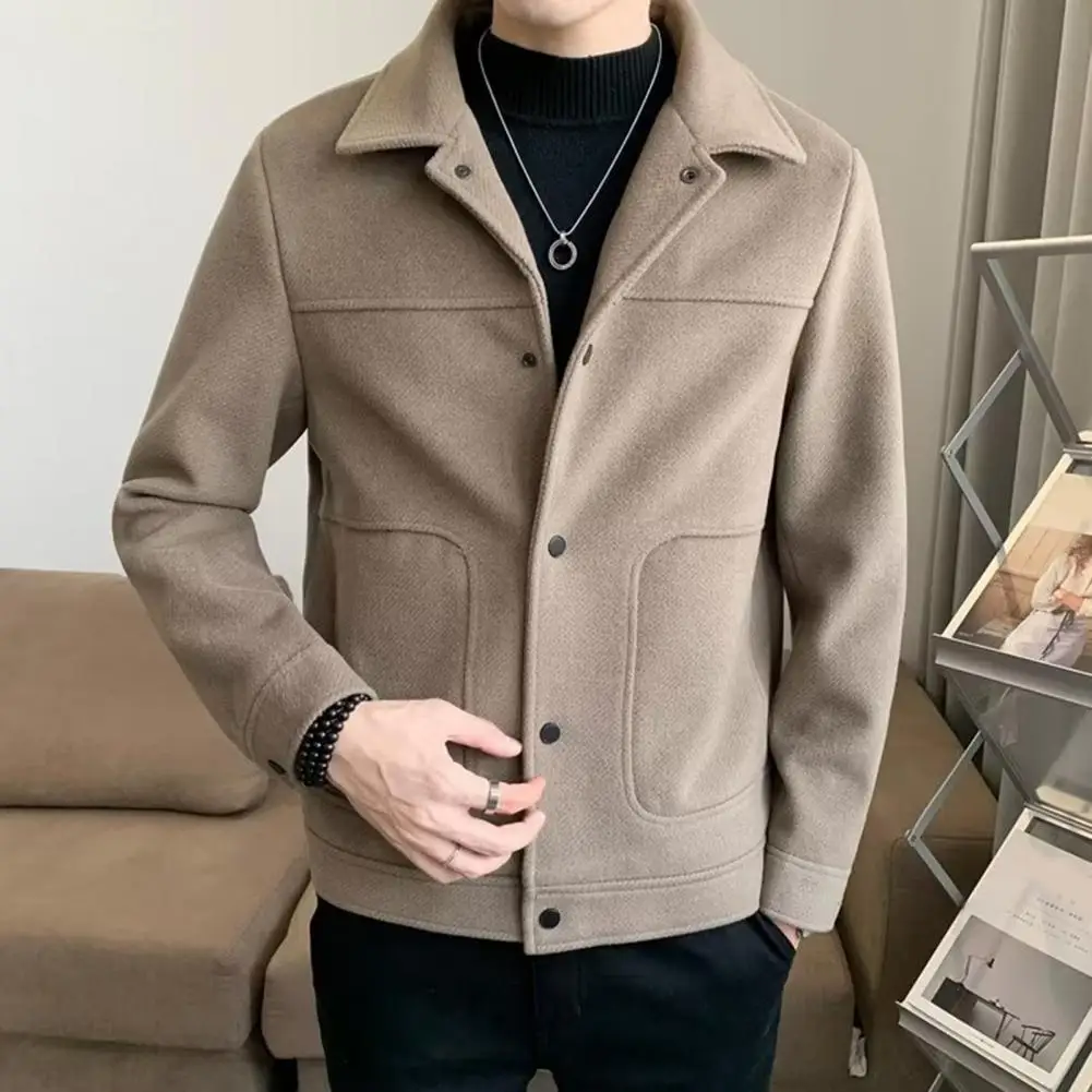 

Men Solid Color Jacket Men's Thick Cardigan Jacket with Turn-down Collar Warm Pockets Anti-pilling Fabric for Fall Winter Coat