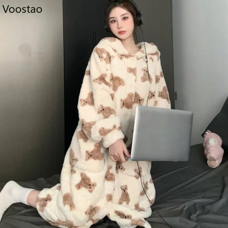 Autumn Winter Plush Robes Women Sweet Cartoon Bear Print Coral Fleece Nightgown Hooded Pajama Nightdress Female Kawaii Sleepwear