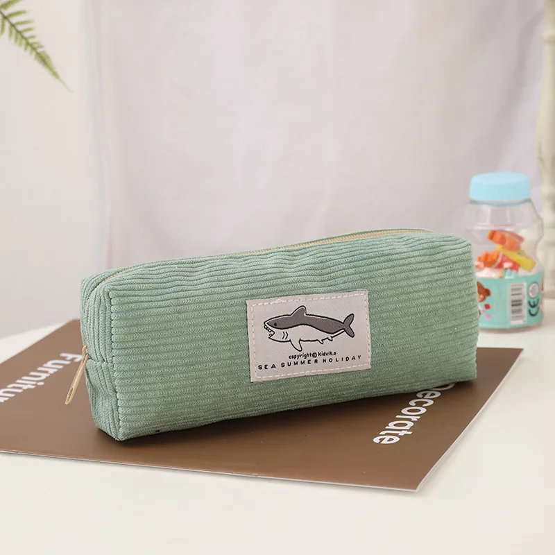 Imagem -03 - Little Shark Corduroy Pencil Case Embroidery Pen Bolsa Bolsa de Presente para Estudante Escola e Escritório Papelaria Organizador Suprimentos Bonito