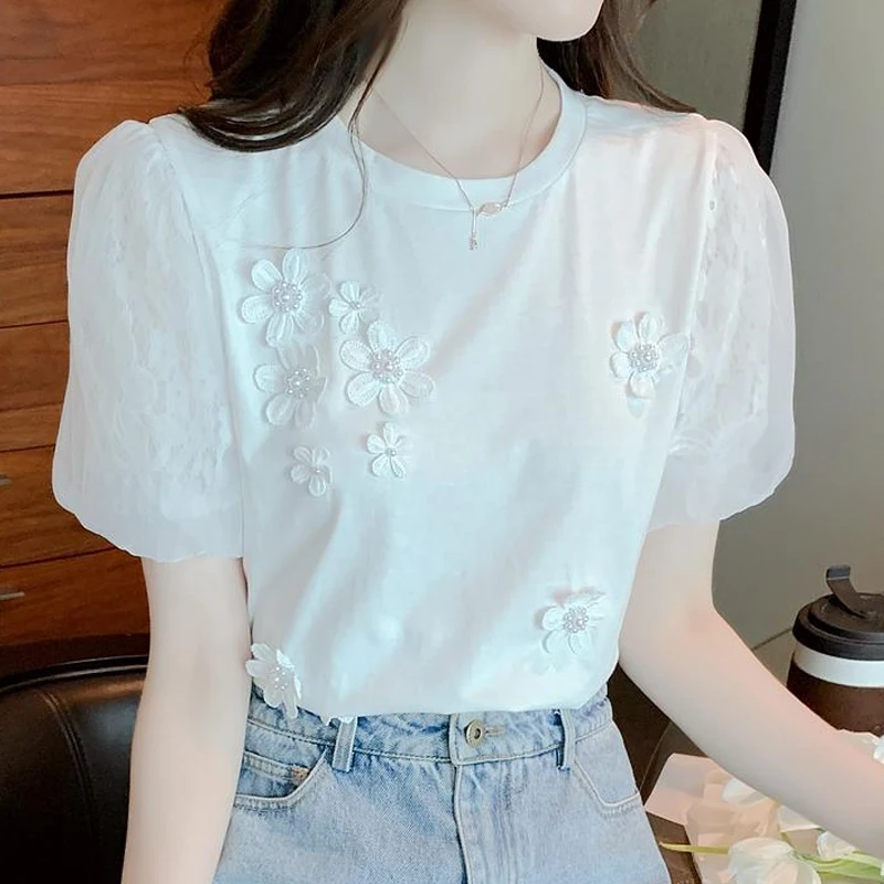 Women\'s Beading Flower Tops, Short Sleeve T-shirts, Casual Round Collar Clothes, Summer White Tees, New, Sweet 8542