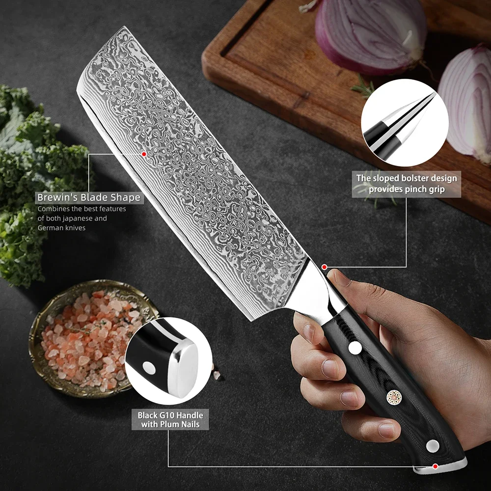 Japanese Damascus 67 Layers VG10 Steel Nakiri Knife 7Inch Cleaver Knife Ultra Sharp Kitchen Vegetable Knife Ergonomic G10 Handle