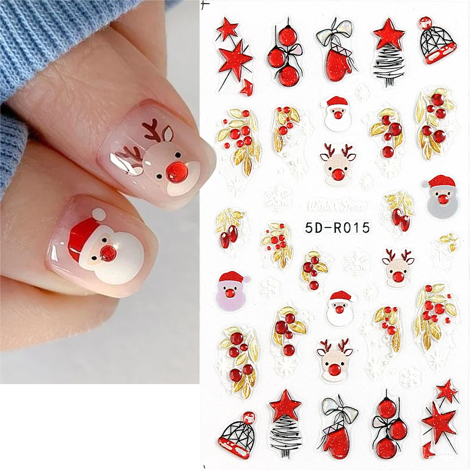 Santa Claus Embossed Nail Stickers 5D Christmas Light Elk Christmas tree Design Nail Art Decal Cartoon Style Manicure Decor 5D-R