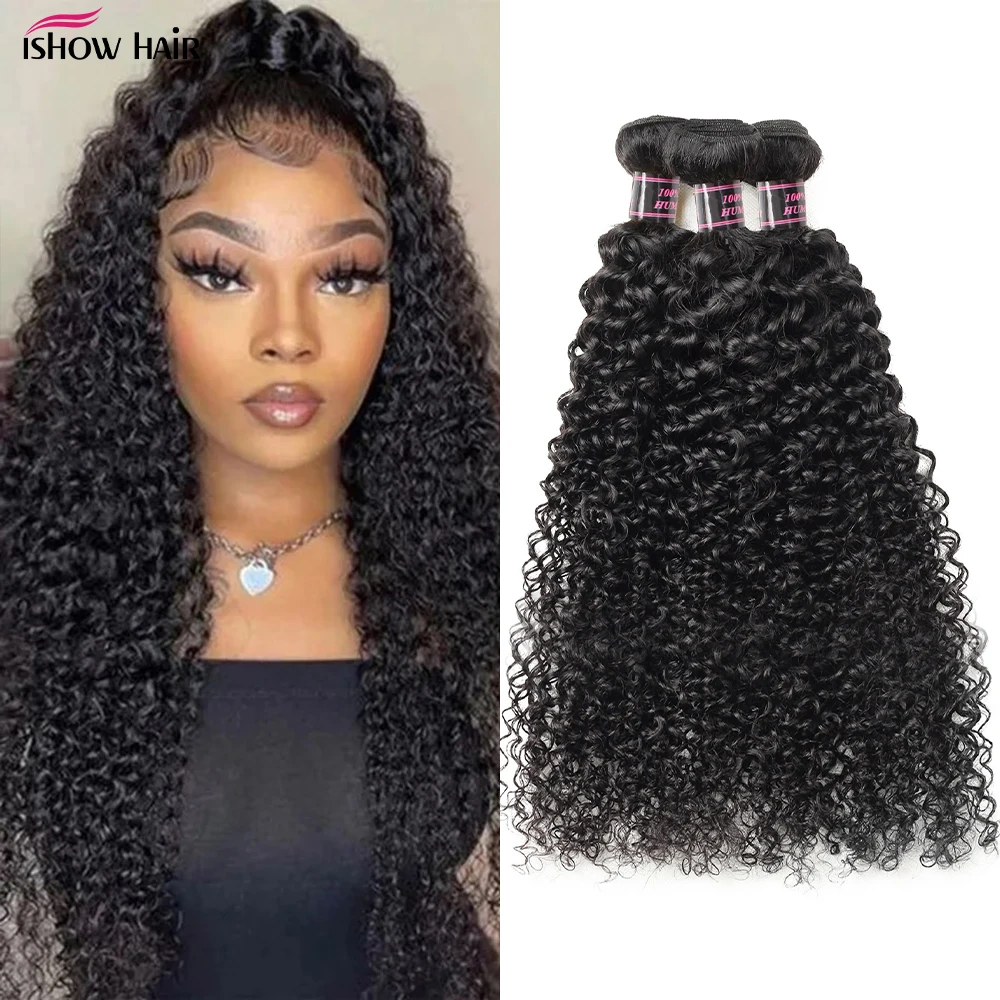 

Ishow Indian Hair Bundles Kinky Curly Weave Human Hair Bundles 1Pc Natural Color Hair Extensions Double Weft Non Remy Hair Weave