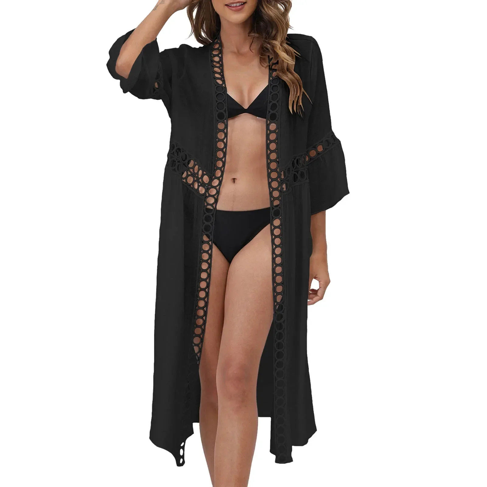 Blusa tipo pareo de Bikini para mujer, cárdigan holgado de manga 3/4 con empalme de encaje y protector solar, traje de baño caliente, bata para exteriores, traje de baño