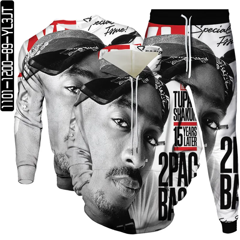 Tupac 2pac Hip Hop Music Singer 3D Print Men Tracksuit Hoodies Sweatshirt Pants 3Pcs Set Male Streetwear Clothes Suit Size S-6XL