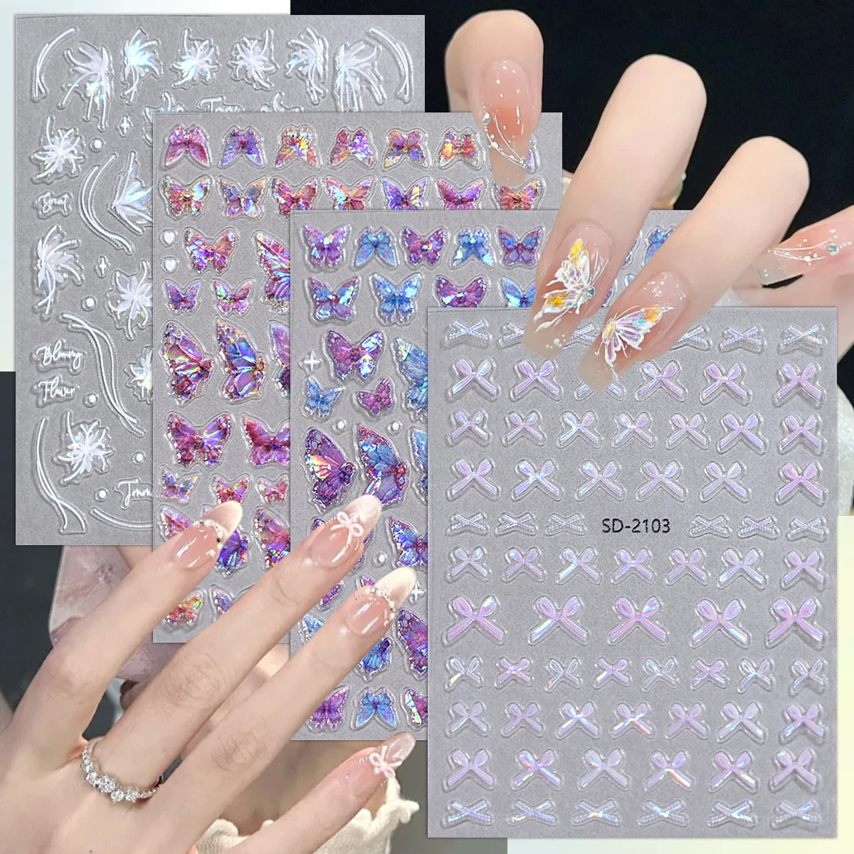 2/4/8 Blatt 5D Aurora Butterfly Nagelaufkleber Schillernde Schleife Blumenaufkleber für DIY Maniküre Dekorationen