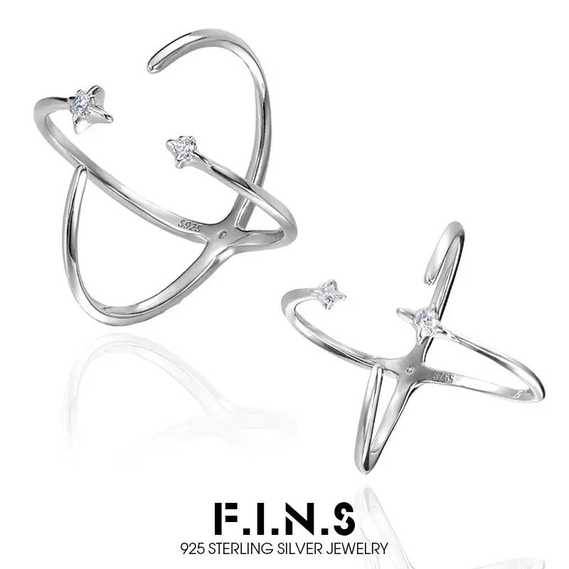 F.I.N.S Original Star Front and Back S925 Sterling Silver Ring Simple Crossed Line Open Adjustable Mid Finger Fine Jewerly Gifts