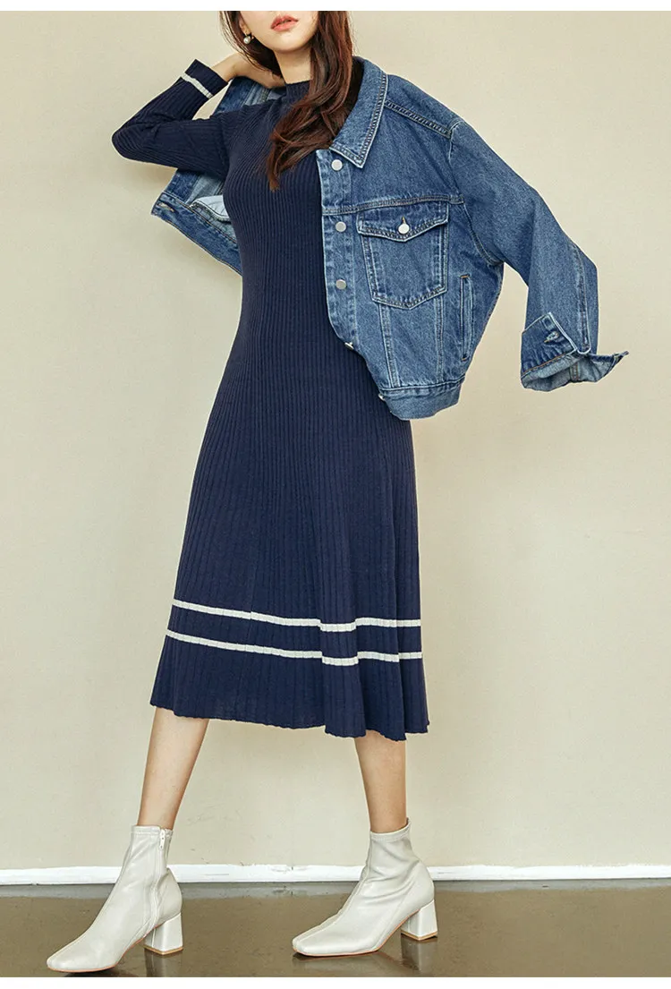 Western style slim long knit dress autumn and winter temperament slim bottoming sweater skirt