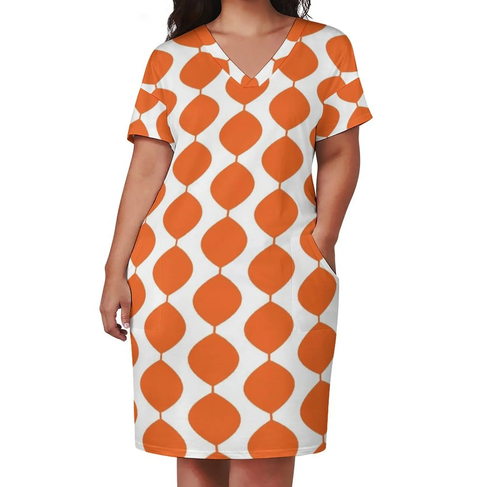 Mid Century Modern Retro 60s Waves Pattern(Red Orange Pure) Loose Pocket Dress dress luxury dresses