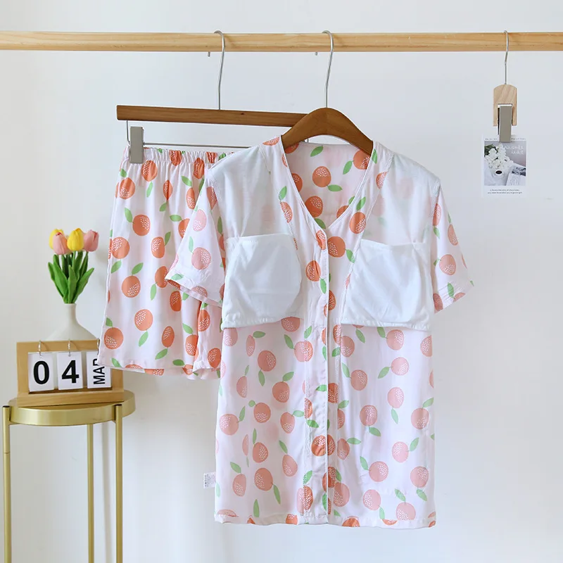 2024 New Women's Pajama Set 100% Viscous V-Neck Short Sleeve Shorts Two Piece Set with Chest Pad LadiesThin Home Furnishing