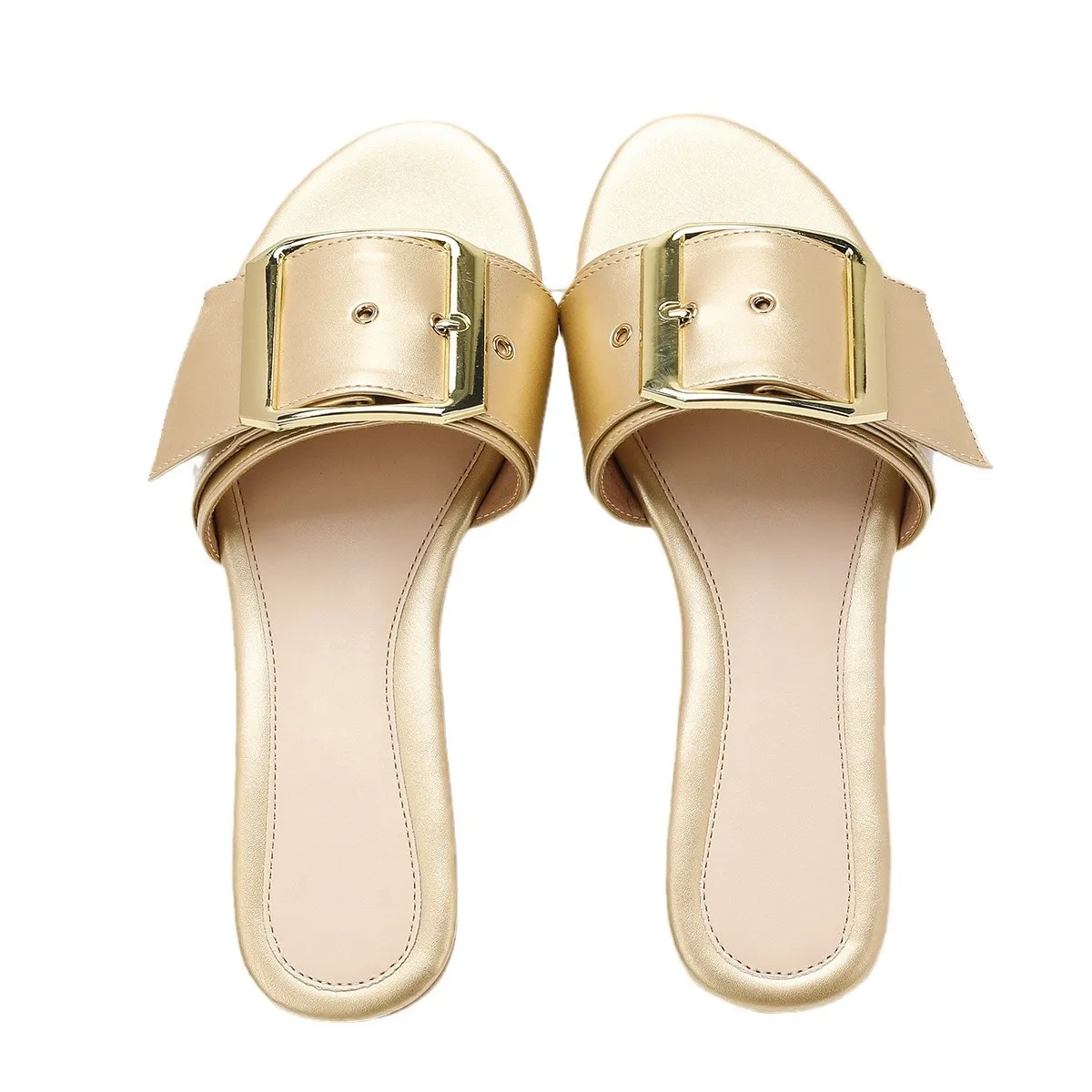 Jinxixi Flat Slippers Woman Gold Leather Big Size 43 Women's Summer Sandals Metal Buckle Fashion Daily Walk Sea Beach Travelling
