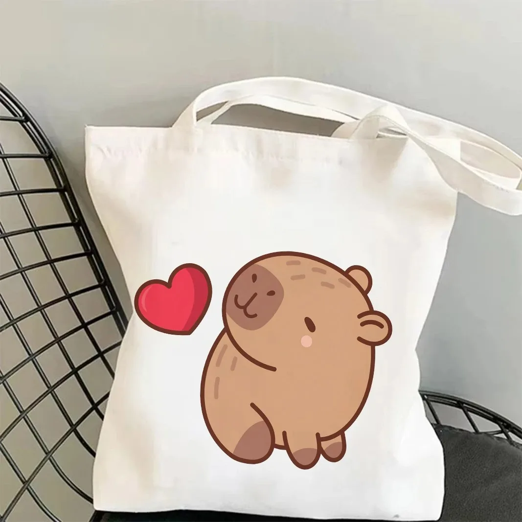 

Trendy Capybara Heart Pattern Tote Bag Canvas Reusable Eco Friendly Gym Sack Office Commute Shoulder Folding Bag Festival Gift