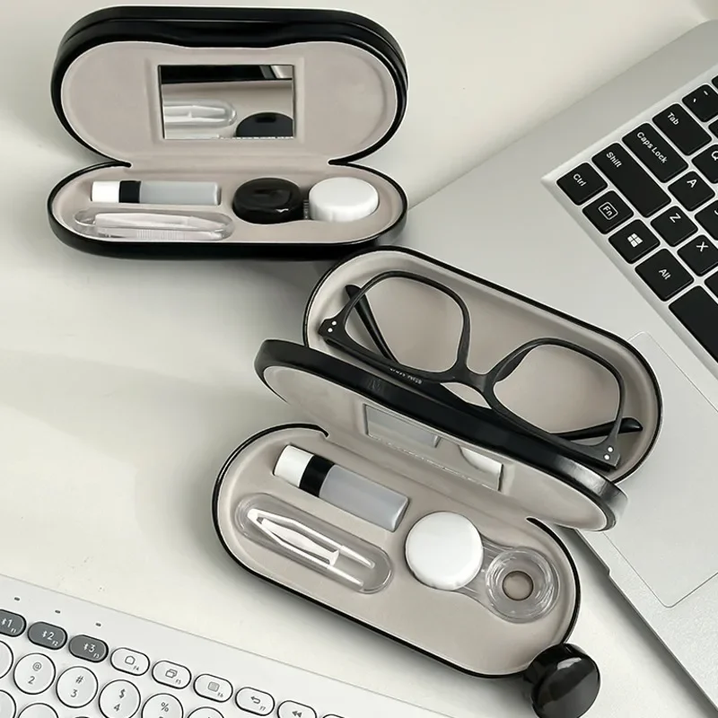Black Minimalist 2 In 1 Double Use Hard Shell Portable Glasses Case Contact Lens Case With Mirror For Women Travel Daily Use