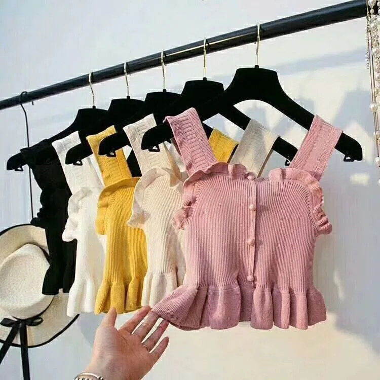 

baby girls summer vest children Korean lace knitted suspender tank top button kids clothes ruffles open back toddler 2 to 10 yrs