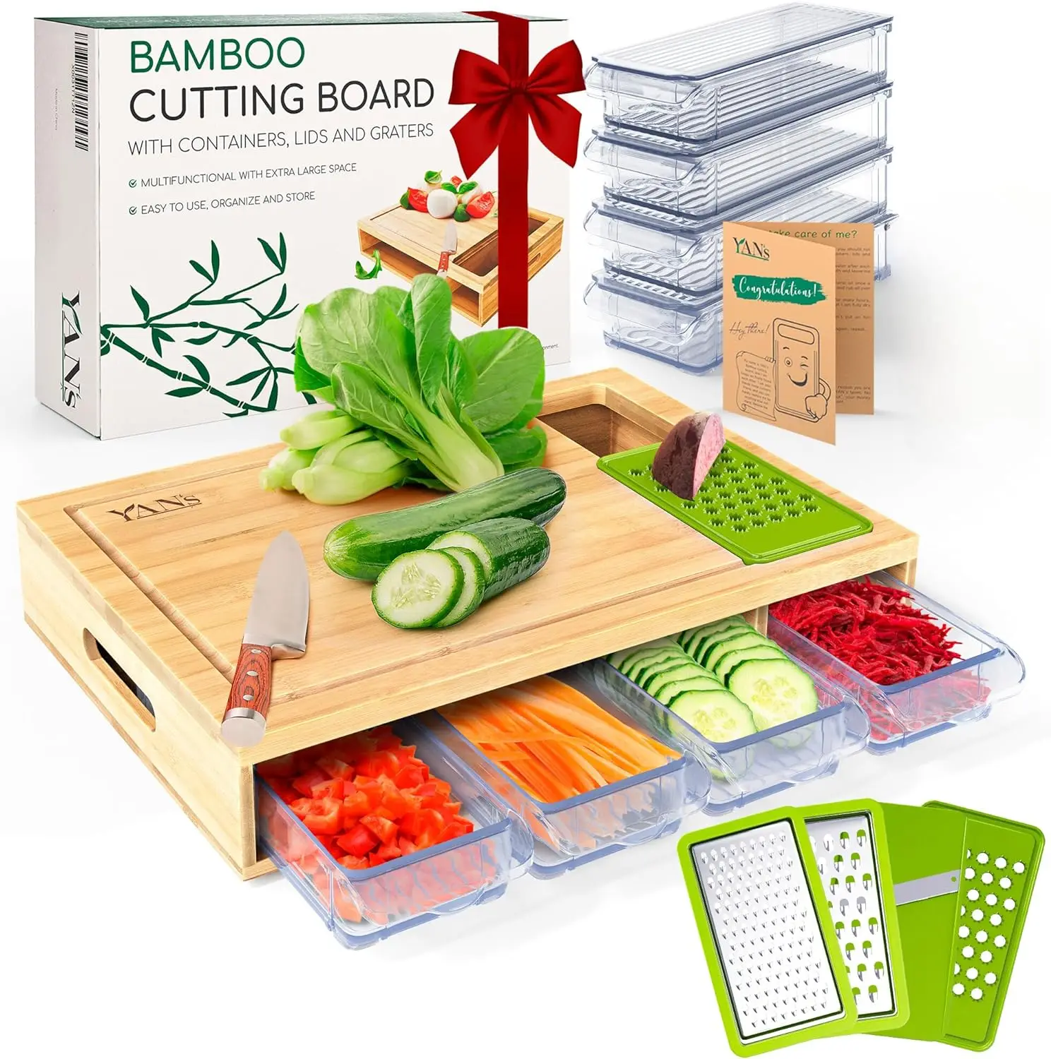 

Bamboo Cutting Board with Containers Prep-Chopping Board Set-Extra Large Space Saving Cutting Board Set with Juice Groove