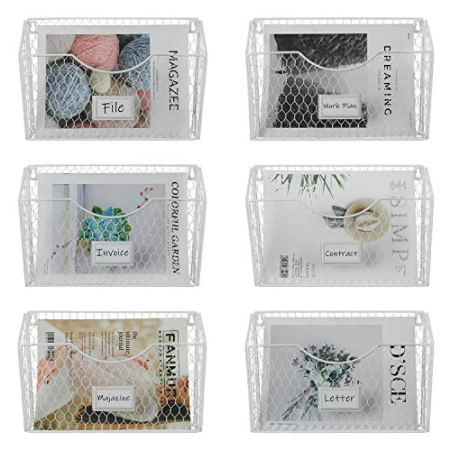 

6 Pockets Hanging File Holder Wall Mount Mail Organizer Metal Chicken Wire Magazine Rack with Tag Slot White