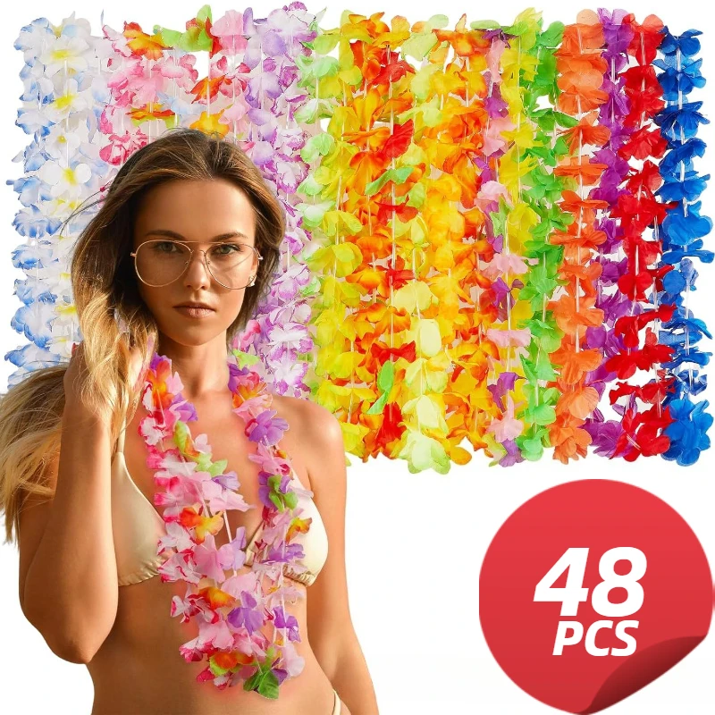 48 Collares de Flores Hawaianas para Fiesta Luau, Coloridos, Tropicales, Hawaianos, para Decoración de Fiestas de Verano, Playa, Piscina, Cumpleaños