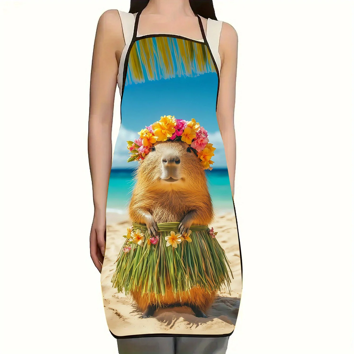 1pc Whimsical Capybara Print Apron - Tropical Beach Design with Floral Lei Grass Skirt Thick Polyester, Durable 2D Non-3D