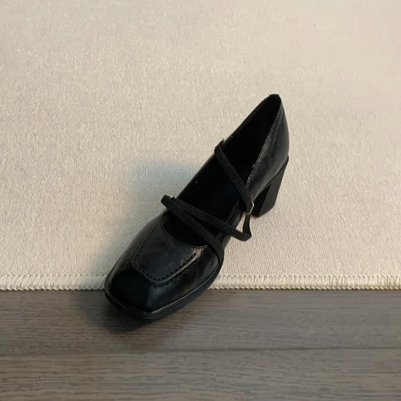 Zapatos Mary Jane de Tacón Cuadrado Negro para Mujer, Premium, con Correa Elástica, Modelo 2026, para Trabajo, Fiesta, Vestir, Zapatillas Mujer