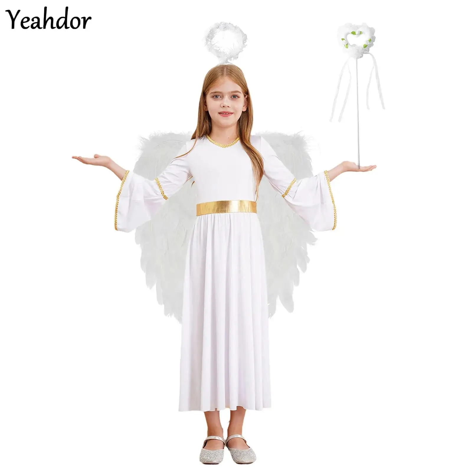 

4Pcs Girls Angel Cosplay Costume Greek Princess Dress with Feather Angel Wings Headband Fairy Sticks Halloween Performance Sets
