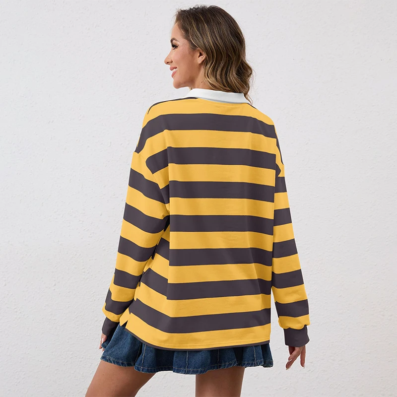 2025 Autumn Best-Selling Women's Loose Casual Striped Long Sleeved Polo Shirt Simple And Comfortable Commuting Color Blocked Top