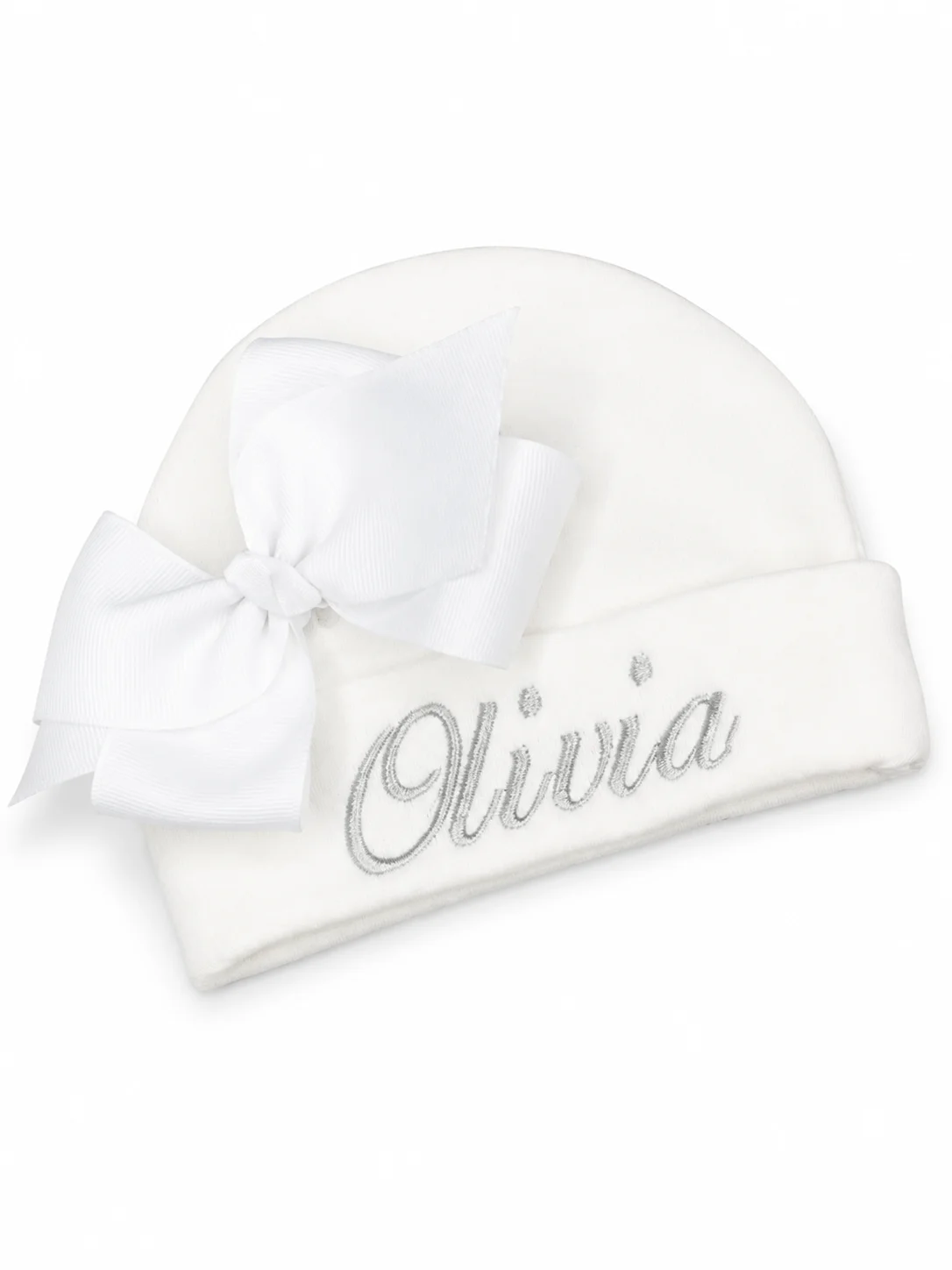 Luxury Cream White Newborn Hat Big Bow Silver Embroidery Soft Cotton Baby Girl Beanie for Photography Daily Wear