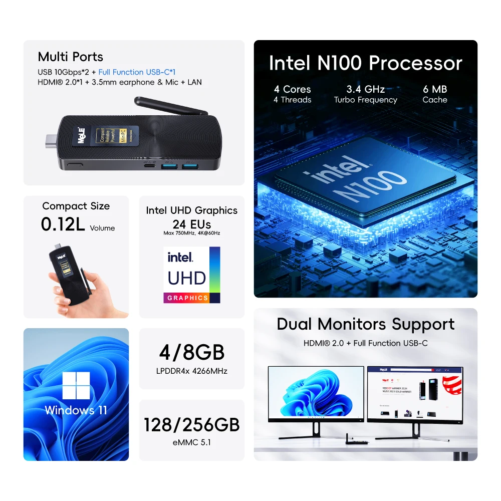 MeLE PCG02 Fanless Mini PC Stick N100 8GB LPDDR4 128GB Micro Desktop Computer with Full Function USB-C, 2.4G/5.0G WiFi, 4K HDMI