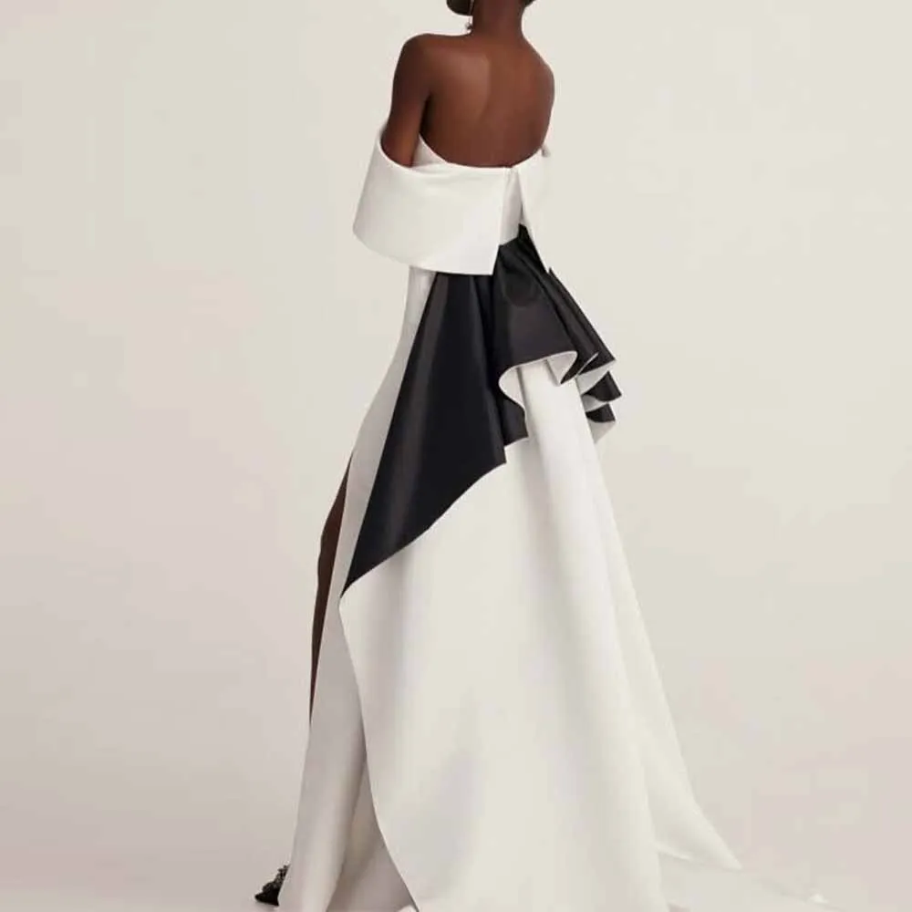 2025 Women's Long Chic Evening Dresses Satin A-line Celebrity Dress Black and White Strapless Ruffles Split Prom Dress
