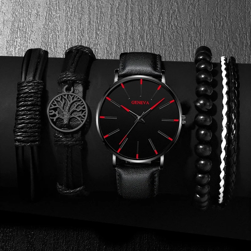 

4 шт./комплект, мужские кварцевые часы с кожаным ремешком