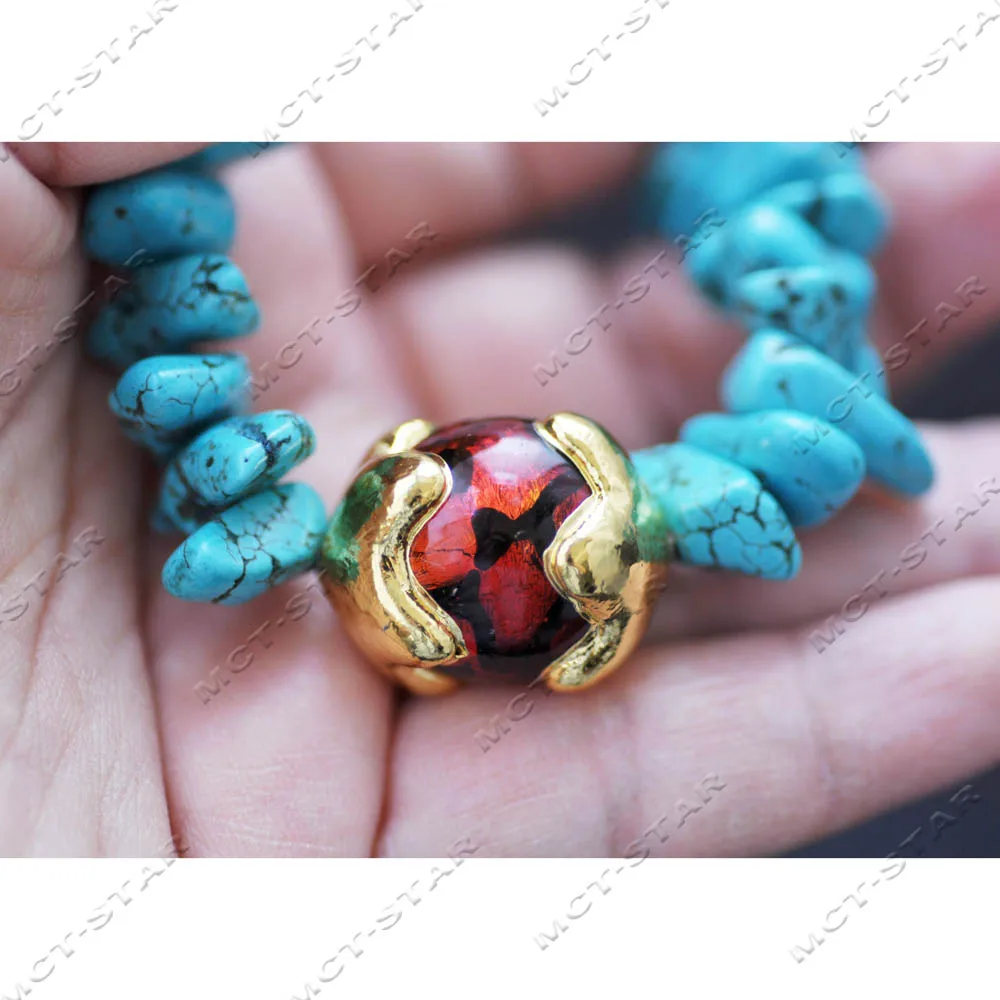 MTC·STAR 18'' 25mm Blue Baroque Turquoise Irregular Raw Ore Red Flame Glass Ball Black Agate Necklace (Z14543)