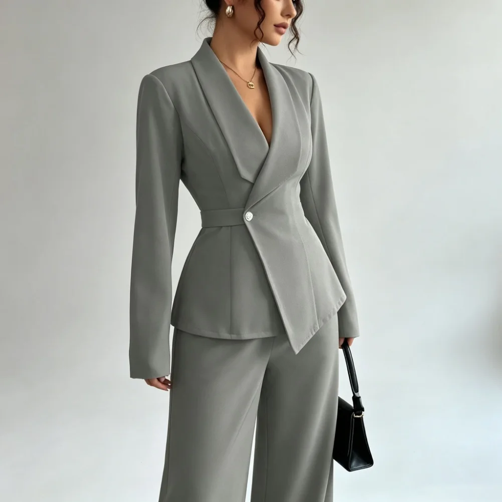 Summer Vacation Womens Two Piece Set Polyester Solid Color For Blazer and Wide Leg Pants for Beach and Cycling