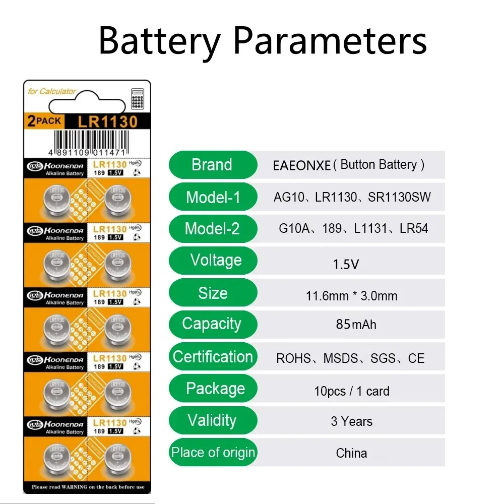 LR1130 AG10 85mAh SR1130 Button Pilas Battery 389 LR54 L1131 389A 1.5V Alkaline Coin Cell For Clock calcularadora Watch Battery