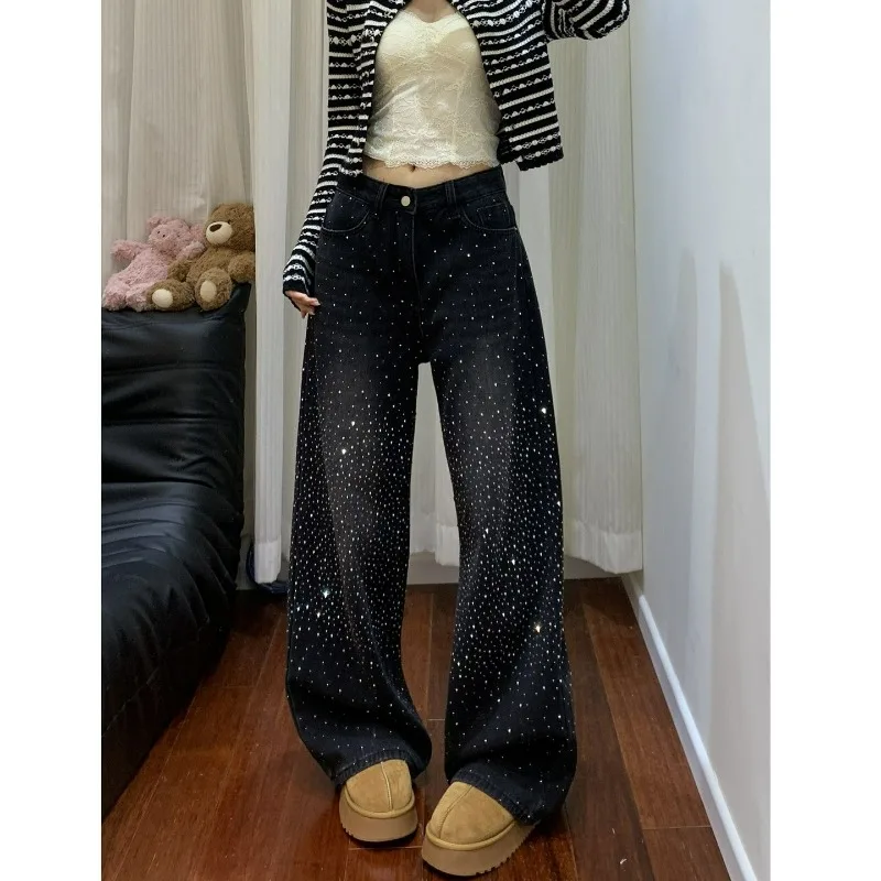 

Women's Wide Leg Straight Jeans Stylish and Comfortable Denim Pants Y2K Spring Summer Elastic High Waist Diamonds Denim Trousers