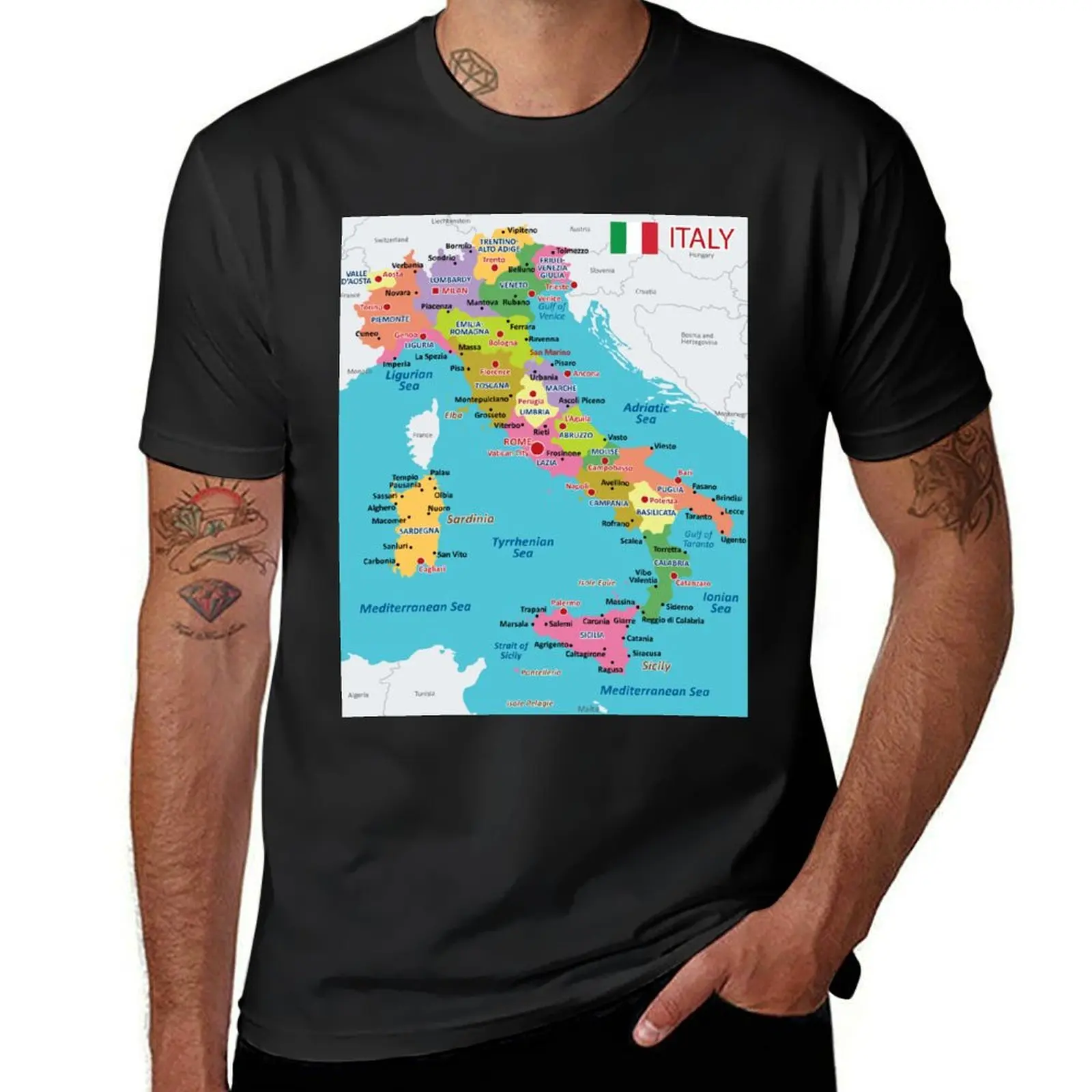 Italy map with regions and main cities T-Shirt sublime funnys shirts graphic tees plus sizes mens champion t shirts