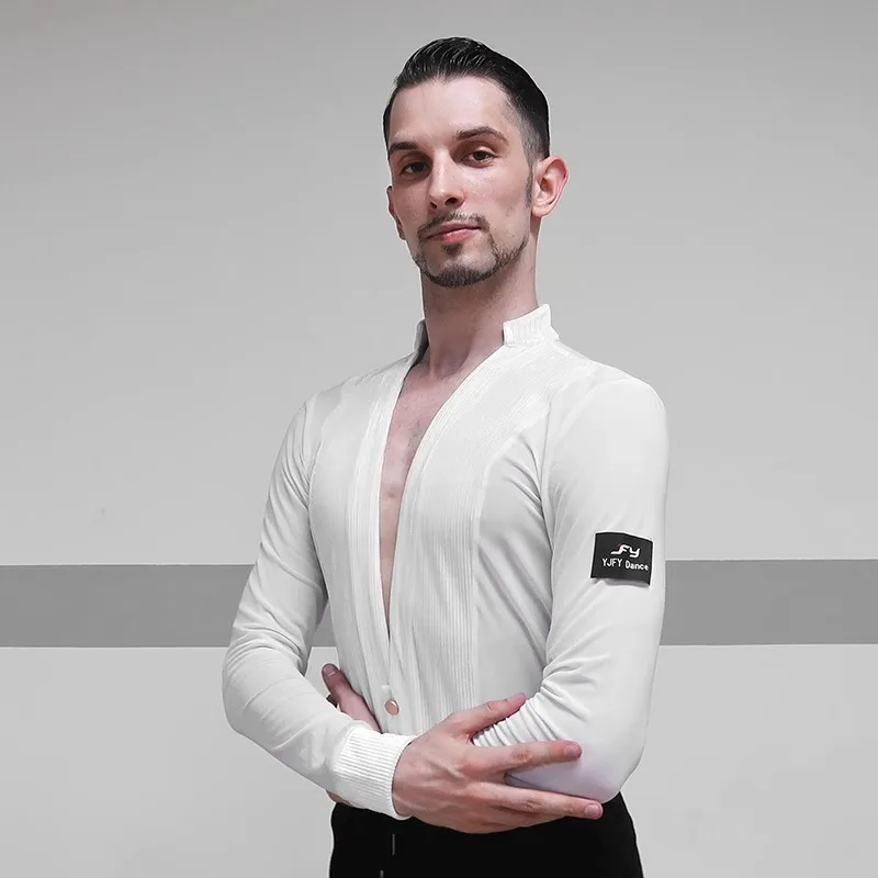 V Heren Latin Dans Shirt Glanzende Strass Dans Shirt Met Lange Mouwen Professionele Ballroom Latin Tango Rumba Competitie Shirts