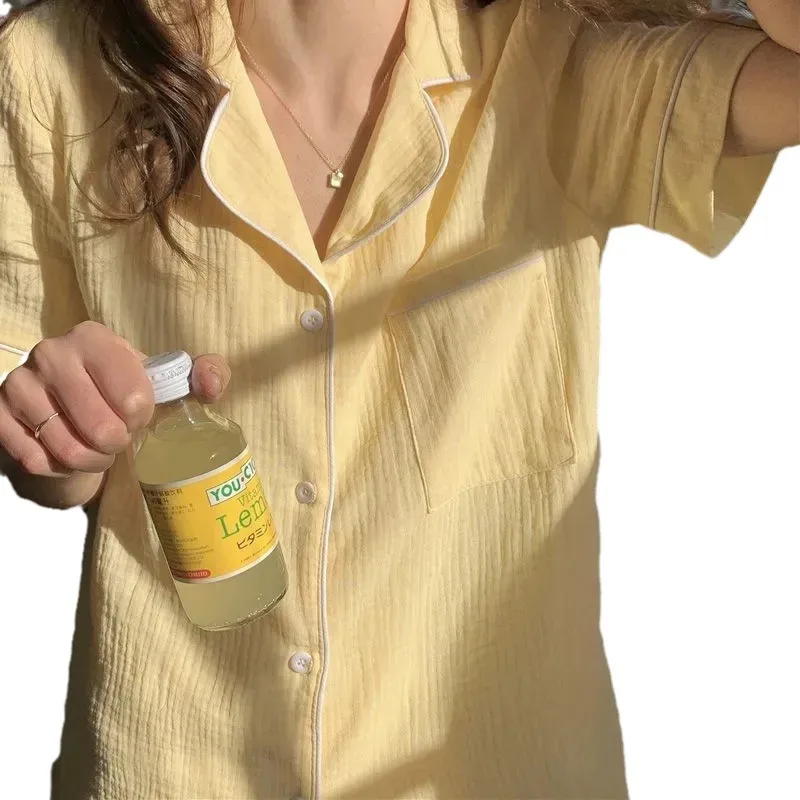 Women's Summer Pajamas, Short-Sleeve and Shorts, Sweet and Simple, Solid Color, Collared Cardigan, Loose Fit, Casual Home Wear image 5